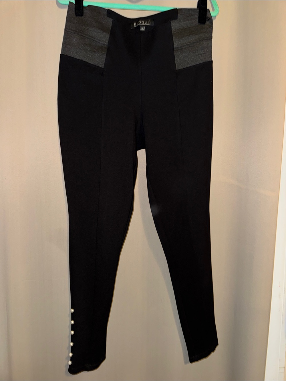Black High-Waist Ponte Pants with Pearl Button Hem
